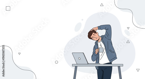 Man stretching at desk with laptop and coffee, remote work, break time