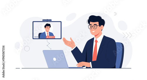 Business man in video conference call on laptop, online meeting, remote work concept