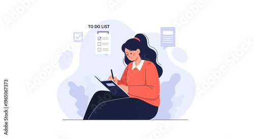Woman writing to-do list, planning tasks, goal setting, productivity concept