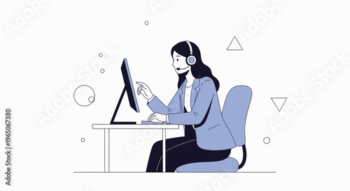 Customer service operator with headset working on computer, flat design illustration