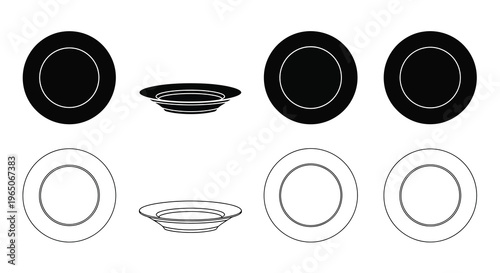 Black and white illustration of plates and saucers arranged in rows