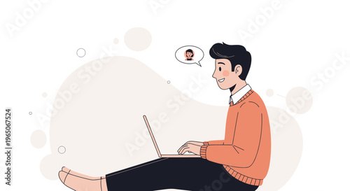 Young man working on laptop, thinking of a woman, online communication concept