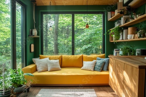 Green home studio interior with relaxing and cooking space, featuring a panoramic window for natural light and vibrant atmosphere, Generative AI