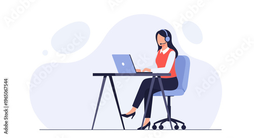 Customer service operator with headset working on laptop at desk, flat design