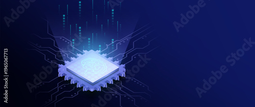 Isometric artificial intelligence microchip brain icon digital data flow blue background vector