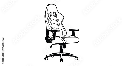 A black and white sketch of a modern gaming chair with high back