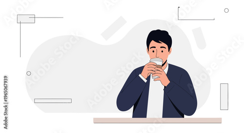 Man in Suit Drinking Coffee, Relaxing Break, Modern Office Background