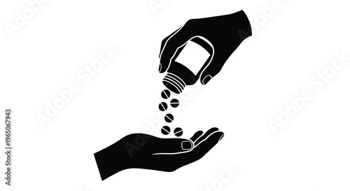 Hands offering and receiving pills a black and white illustration