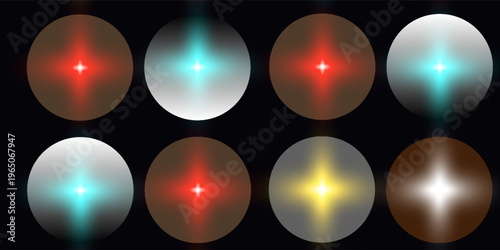 Metal radial gradients. Polished backgrounds of gold, silver, rose gold, bronze, chrome effects. Smooth circular light transitions with foil texture, metallic shine.