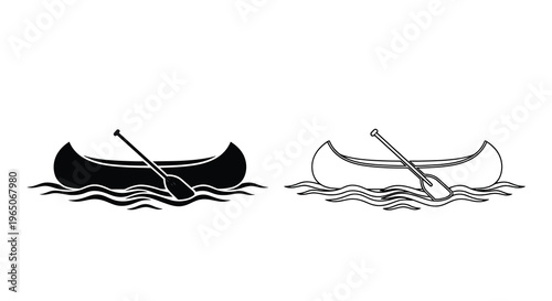 Black and white illustration of two canoes with paddles on water