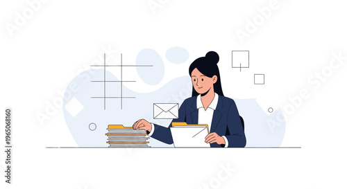 Businesswoman organizing files and documents at her desk, modern office illustration.
