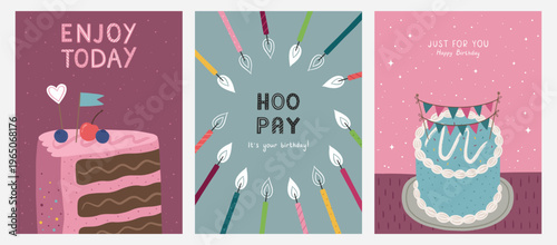 Birthday card set. Hand-drawn cake, candles, and a slice of cake. Vector illustration