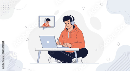 Young man with headphones learning online on laptop, video call on screen