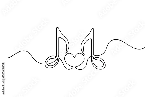 Music notes with heart icon continuous one line drawing minimalist style vector