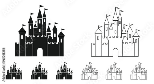Black and white illustrations of fairytale castles with towers and flags