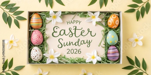 Easter sunday 2026 gift box with painted eggs and floral accents with spring holiday