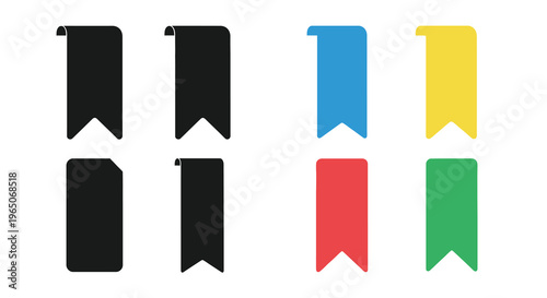 Colorful ribbon bookmarks and black silhouette variations on white background