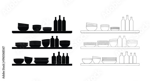 Black and white illustration of stacked dishes and bottles on shelves