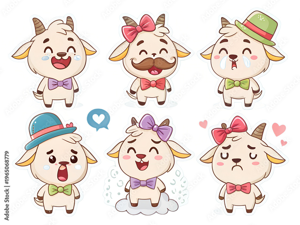 Obraz premium 6 kawaii goats, wearing colorful bows and hats, funny mustache, multiple crying with tears, some sad some laughing, sticker set, transparent background