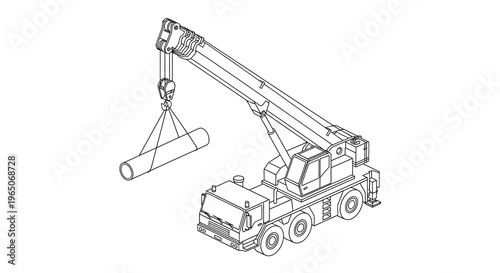 Line drawing of a mobile crane lifting a cylindrical object