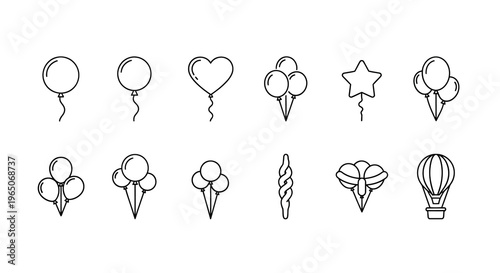 Assorted line art balloons hearts stars and classic shapes