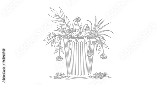 A grayscale line drawing depicts wilted flowers in a trash bin