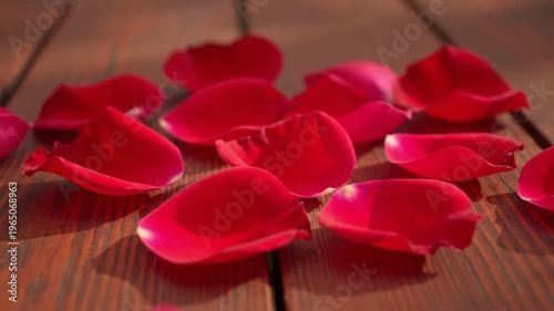 Red Rose Petals Scattered on Wooden Table Close Up Romantic Background