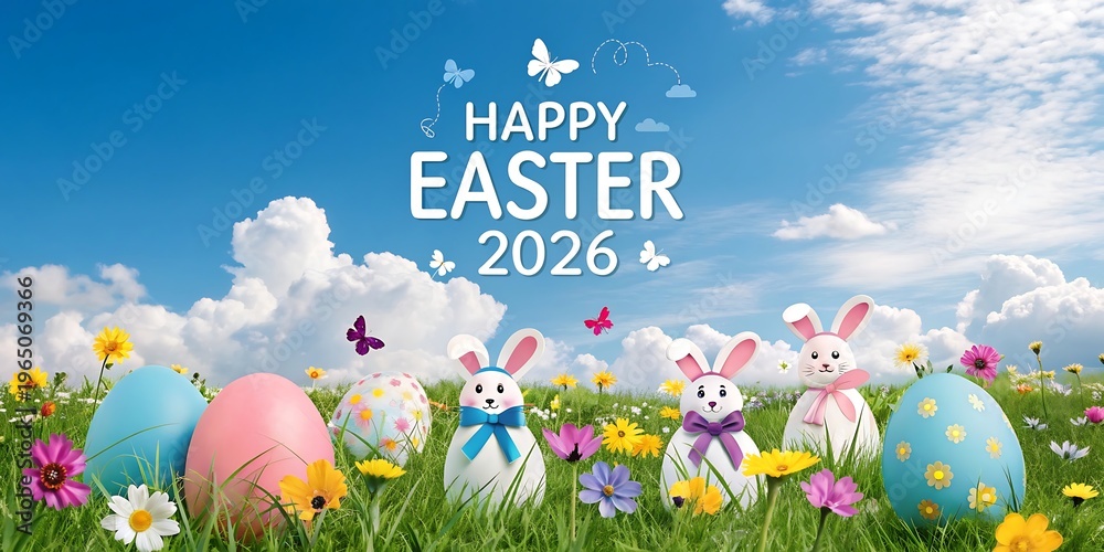 Fototapeta premium Happy easter 2026 with bunnies, eggs, flowers and butterflies, cute bunnies, decorated egg