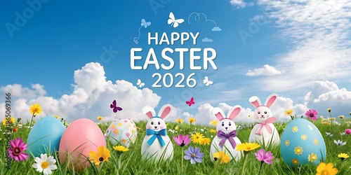 Happy easter 2026 with bunnies, eggs, flowers and butterflies, cute bunnies, decorated egg