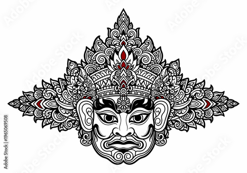 Balinese mask with ornate headdress.