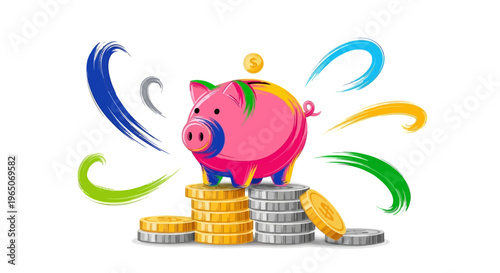 Colorful Piggy Bank with Coins and Abstract Swirls - Saving Money Concept