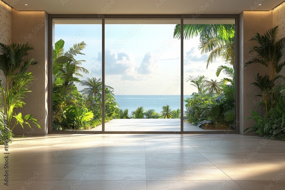 Fototapeta premium Beige empty room interior, featuring a panoramic window with tropical views, ideal for an open and airy living space, Generative AI