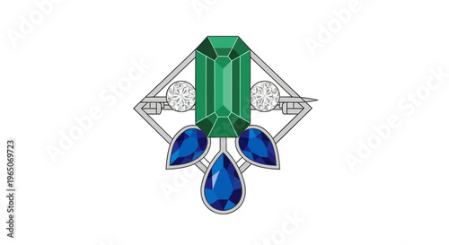 Elegant Art Deco Style Emerald and Sapphire Brooch