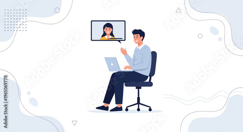 Man on Video Call with Woman, Remote Work, Online Communication, Laptop and Screen