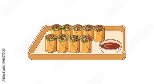 Plate of Spring Rolls with Sauce on White Background