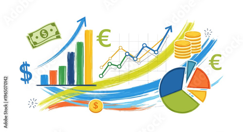 Financial Growth and Investment Concept with Charts, Money, and Coins