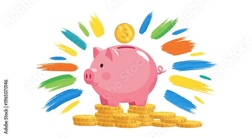 Pink Piggy Bank with Gold Coins and Colorful Brush Strokes