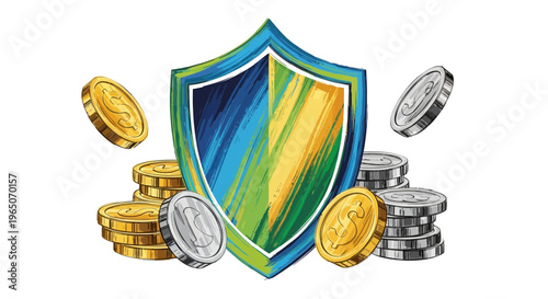 Financial Security Shield with Gold and Silver Coins, Protection Concept