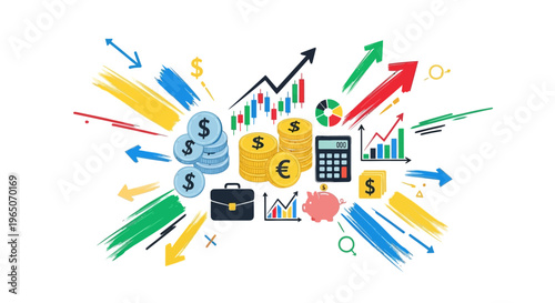 Financial Growth and Investment Concept with Charts, Coins, Piggy Bank and Calculator