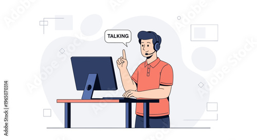 Man with headset and computer, talking, customer support, online communication, illustration