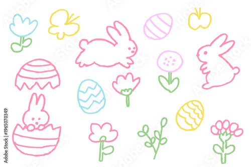 手描きパステルのかわいいイースターセット うさぎとイースターエッグと花の春の装飾イラスト