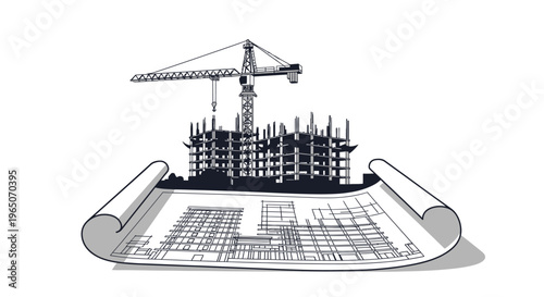 Construction blueprint with crane and building sketch, architectural planning concept