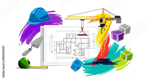 Construction Blueprint, Crane, Hard Hat, and Tools with Colorful Abstract Paint Strokes