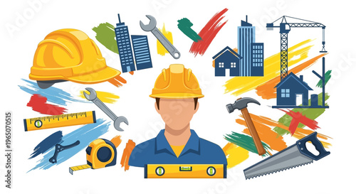 Construction worker surrounded by tools, buildings, and blueprints, symbolizing industry and development.