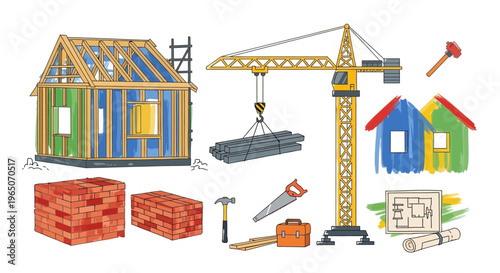 Construction Site Elements: House Frame, Crane, Bricks, Tools, Blueprint