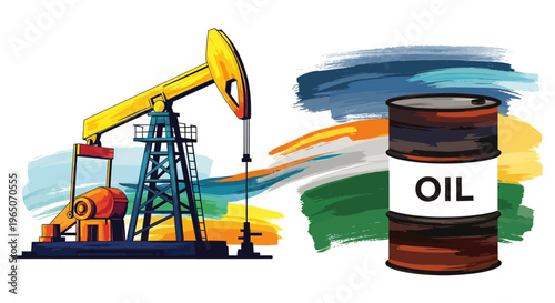 Oil pump jack with barrel and abstract background in Indian flag colors