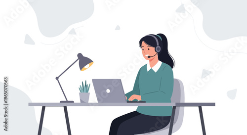 Woman with headset working on laptop at desk, remote work, customer service, flat illustration