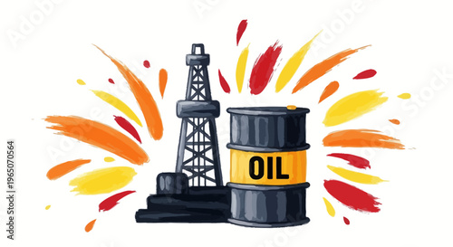 Oil Rig and Barrel with Energetic Splashes of Color