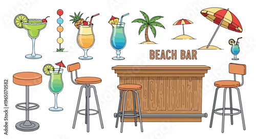 Beach bar icons, summer cocktail set, vector illustrations, tropical drinks