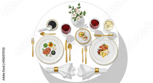 Elegant Table Setting for Two with Gourmet Food, Wine, and Flowers